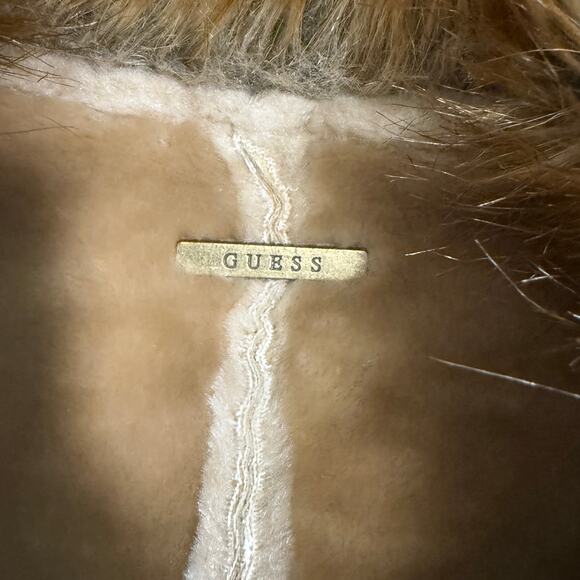 VTG Guess Womens Leather Coat Jacket Faux Fur Collar M Tan Y2K Indie Grunge 70s - Picture 14 of 16